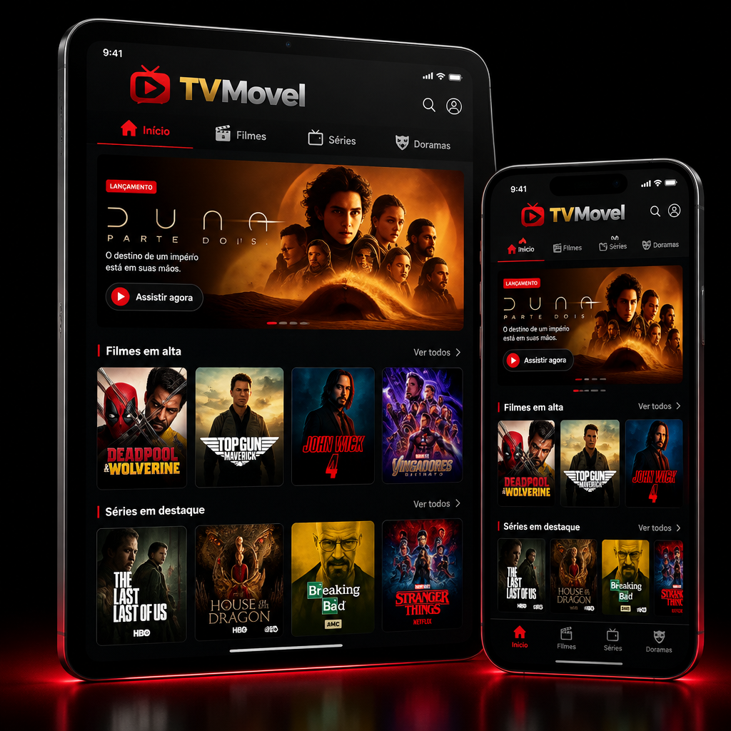 Aplicativo TVMovel no tablet e no celular, com catálogo de filmes e séries